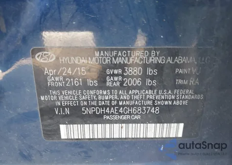 2016 Hyundai Elantra Se from USA, damaged, VIN 5NPDH4AE4GH683748